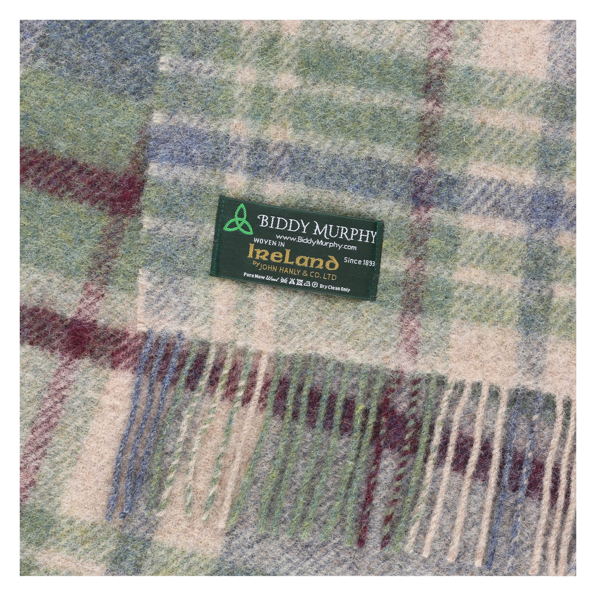 100% Irish Wool Tartan Throw Blanket - Denim Blue, Green & Burgundy, 54" x 72"