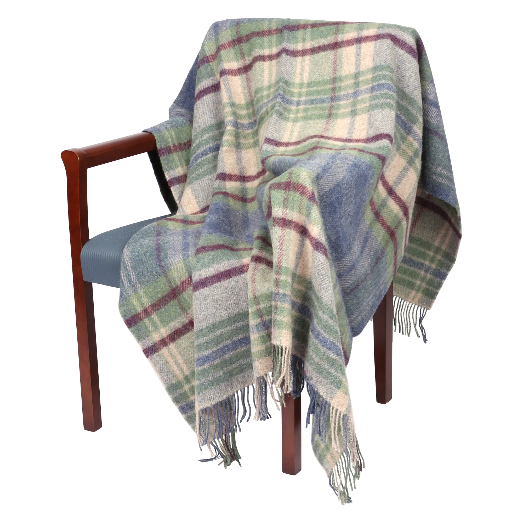 100% Irish Wool Tartan Throw Blanket - Denim Blue, Green & Burgundy, 54" x 72"