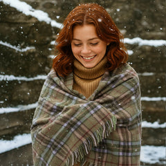 100% Irish Wool Tartan Throw Blanket - Pale Green & Beige, 54