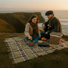 100% Irish Wool Tartan Throw Blanket - Pale Green & Beige, 54