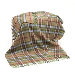 100% Irish Wool Tartan Throw Blanket - Pale Green & Beige, 54" x 72"