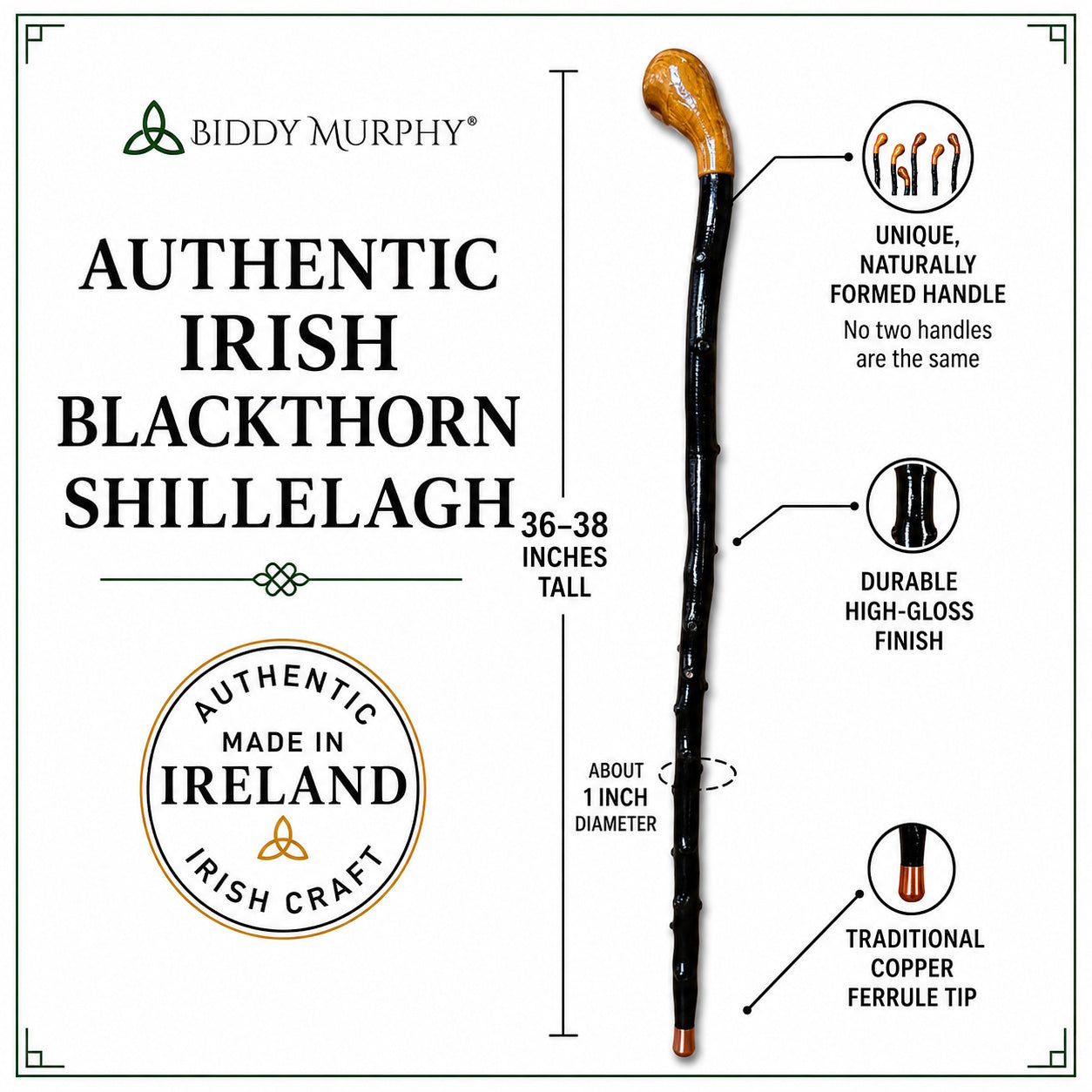Shillelagh Walking Stick with Box, Handcrafted in Ireland Blackthorn Wood Cane, Black Lacquered Finish