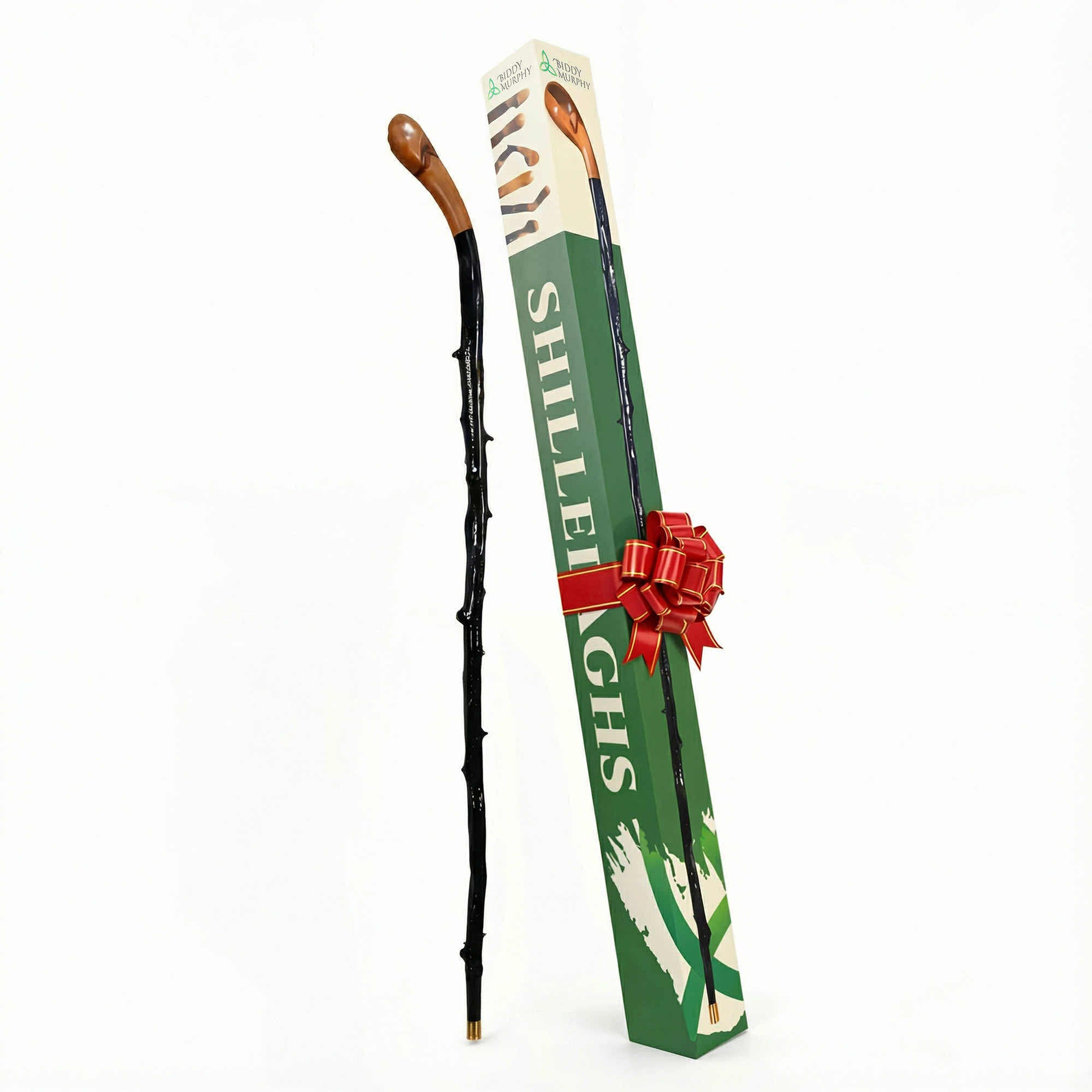 Shillelagh Walking Stick with Box, Handcrafted in Ireland Blackthorn Wood Cane, Black Lacquered Finish