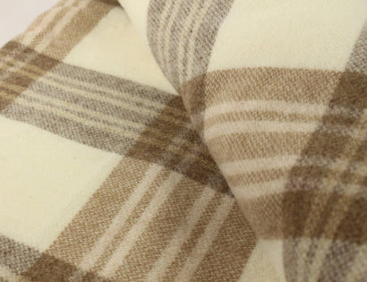 90" x 108" Beige Irish Plaid 100% Wool Blanket - Woven in Ireland, Fits King or Queen Size Bed