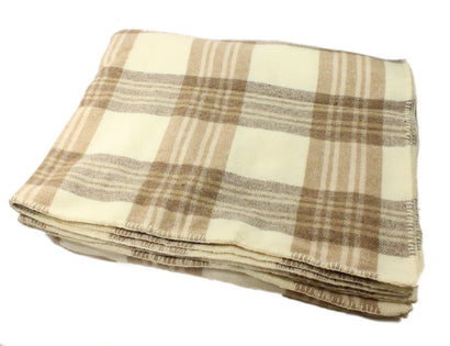 90" x 108" Beige Irish Plaid 100% Wool Blanket - Woven in Ireland, Fits King or Queen Size Bed