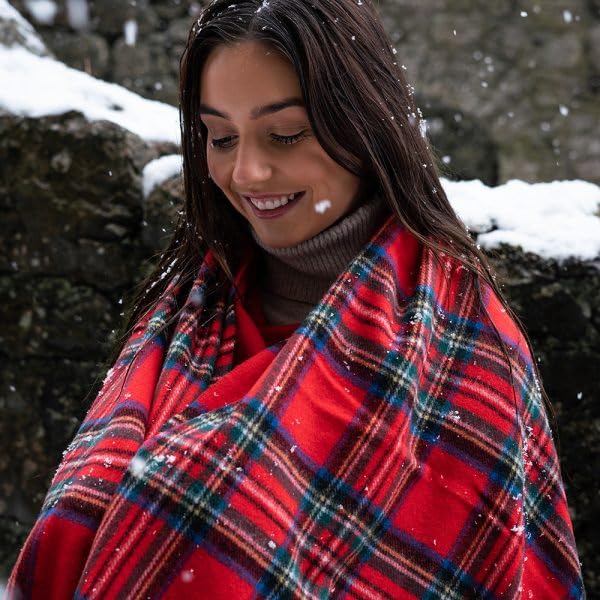 100% Irish Wool Tartan Throw Blanket - Royal Stewart Red Plaid, 54" x 71"