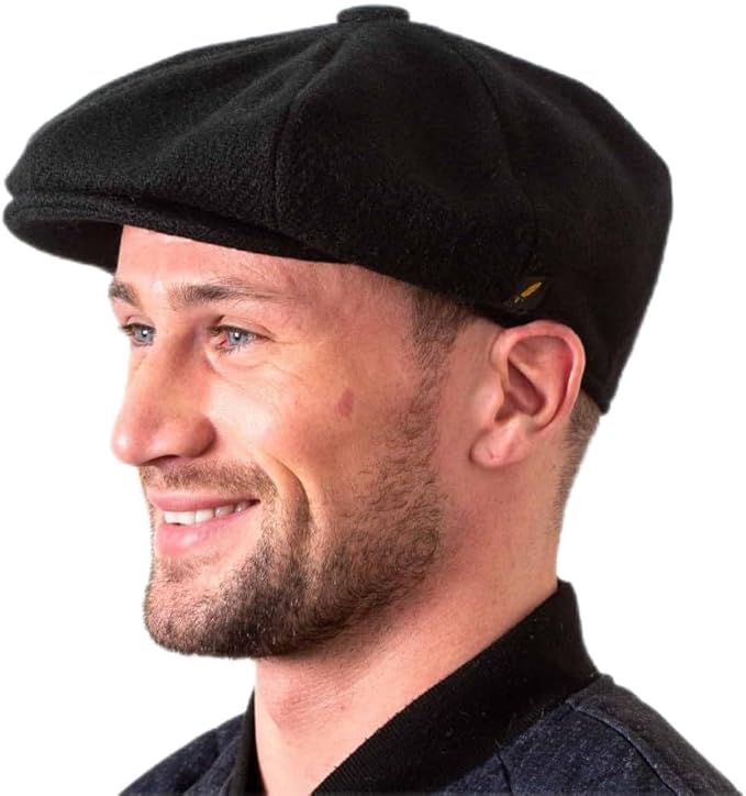 Irish Wool Tweed Newsboy Flat Cap – Black Herringbone 8-Piece, 100% Donegal Wool Hat with Button Fastening