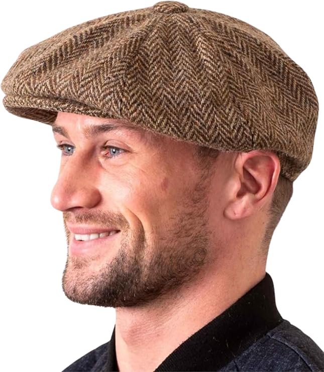 Irish Wool Tweed Newsboy Flat Cap – Brown Herringbone 8-Piece, 100% Donegal Wool Hat with Button Fastening