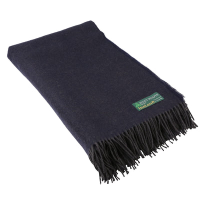 100% Soft Irish Lambswool Throw Toss Blanket, 79" x 57" Darkened Navy Herringbone, Made in Ireland