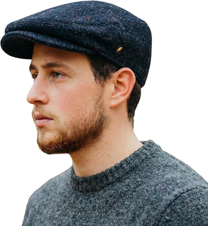 Irish Tweed Flat Cap with Curved Peak - Navy Herringbone, 100% Wool Driving Hat