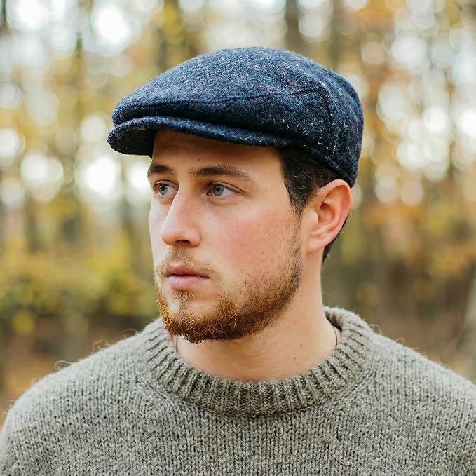 Biddy Murphy Irish Tweed Flat Cap with Curved Peak - Navy Herringbone ...