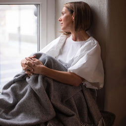 54" x 71" Merino Cashmere Wool Blend Throw Blanket (Grey & Cream) 95% | 5% Ultra Soft Herringbone Pattern