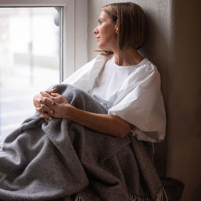 54" x 71" Merino Cashmere Wool Blend Throw Blanket (Grey & Cream) 95% | 5% Ultra Soft Herringbone Pattern