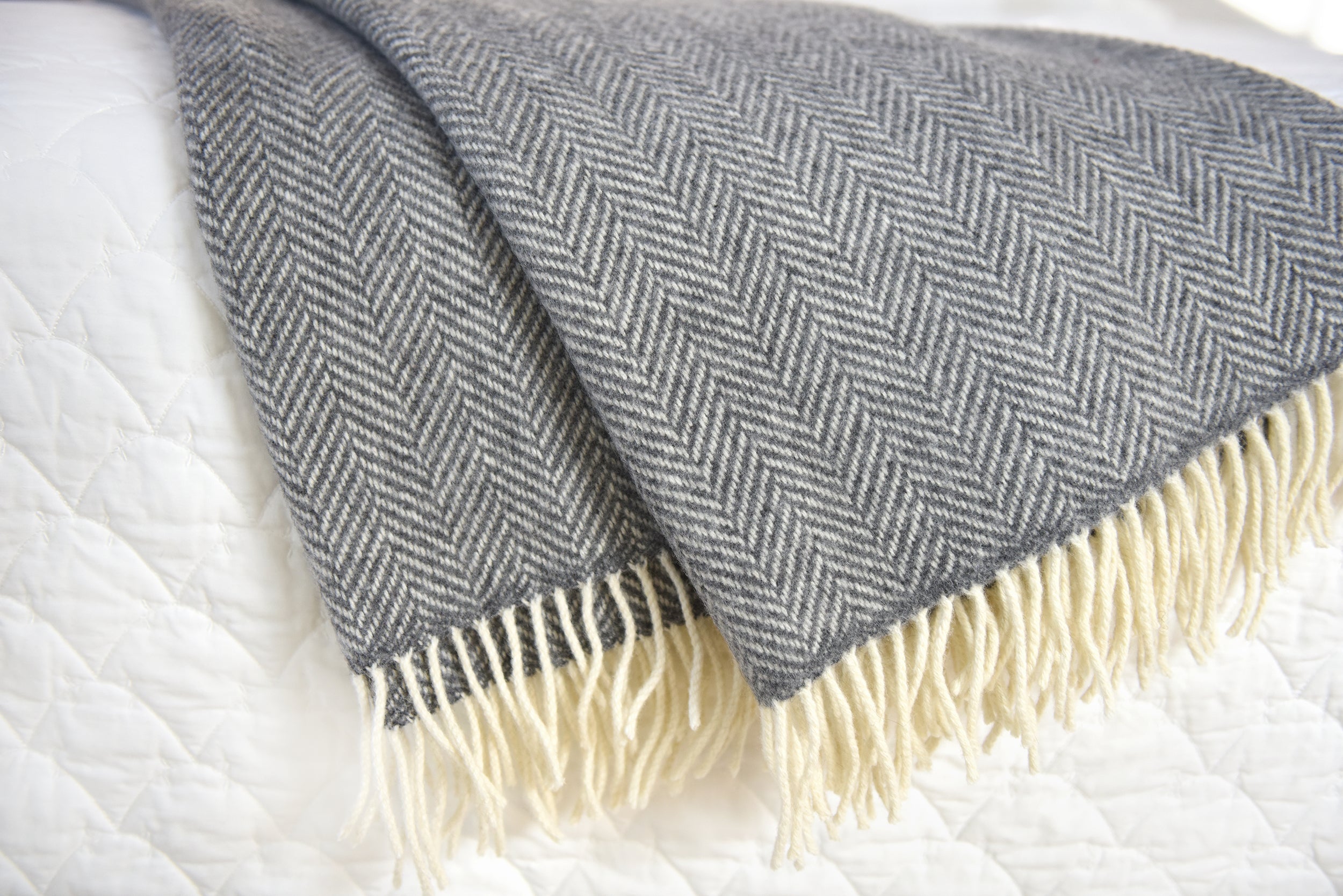 54" x 71" Merino Cashmere Wool Blend Throw Blanket (Grey & Cream) 95% | 5% Ultra Soft Herringbone Pattern