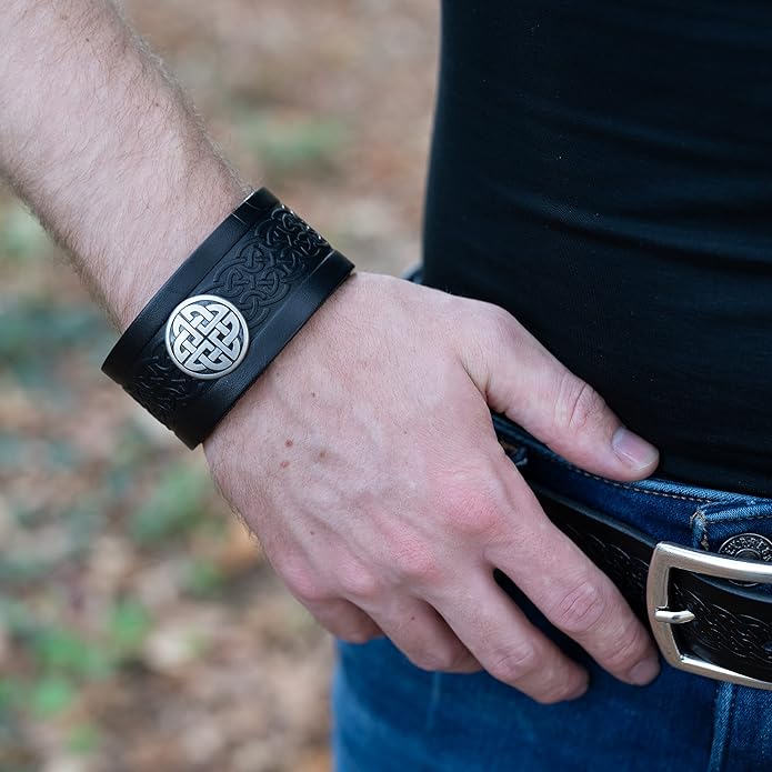 Genuine Leather Cuff Bracelet with Celtic Knot Medallion - Made in Ireland