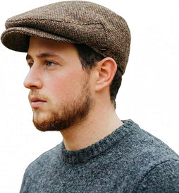 Irish Tweed Flat Cap with Curved Peak - Brown Fleck, 100% Wool Driving Hat