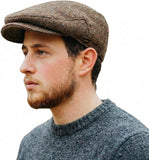 Irish Tweed Flat Cap with Curved Peak - Brown Fleck, 100% Wool Driving Hat