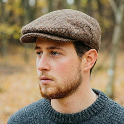 Irish Tweed Flat Cap with Curved Peak - Brown Fleck, 100% Wool Driving Hat