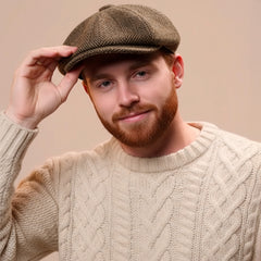 Newsboy Flat Cap Herringbone Traditional 8 Piece with Button Fastening  - Irish Made Wool Tweed