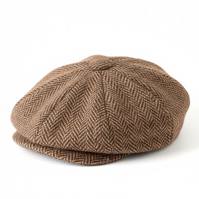 Irish Wool Tweed Newsboy Flat Cap – Brown Herringbone 8-Piece, 100% Donegal Wool Hat with Button Fastening