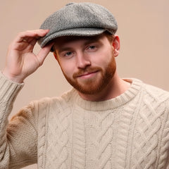 Newsboy Flat Cap Herringbone Traditional 8 Piece with Button Fastening  - Irish Made Wool Tweed