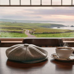 Newsboy Flat Cap Herringbone Traditional 8 Piece with Button Fastening  - Irish Made Wool Tweed
