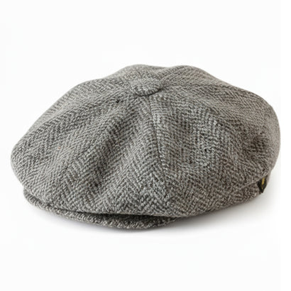 Irish Wool Tweed Newsboy Flat Cap – Light Gray Herringbone 8-Piece, 100% Donegal Wool Hat with Button Fastening