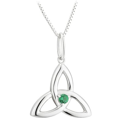Irish Sterling Silver Green Crystal Trinity Knot Pendant Necklace for Women - 18" Chain