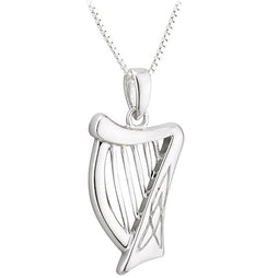 Irish Sterling Silver Harp Pendant Necklace for Women (18" Chain) - Traditional Celtic Jewelry