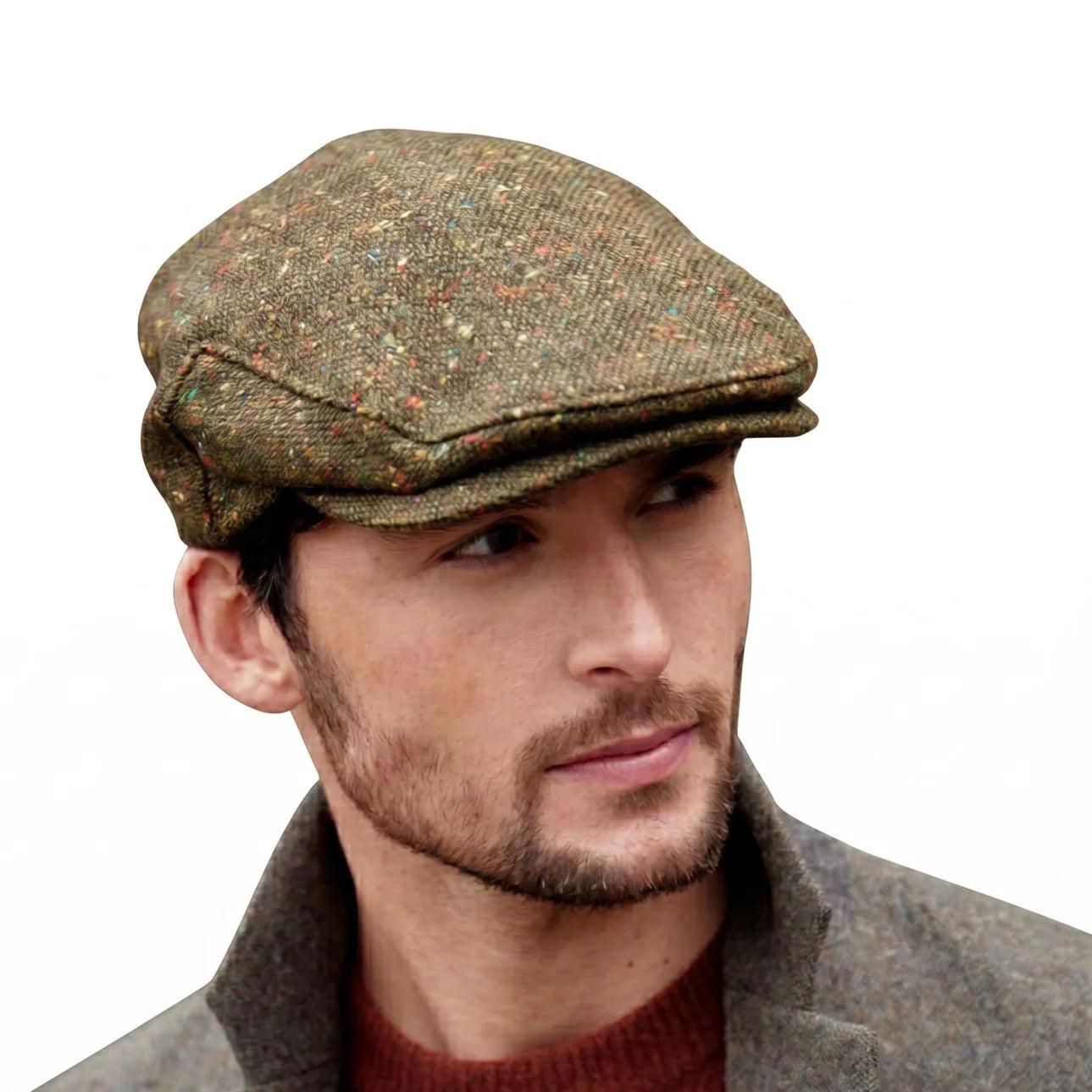 Irish Wool Newsboy Flat Cap for Men - Green Donegal Fleck, 100% Wool Vintage Hat