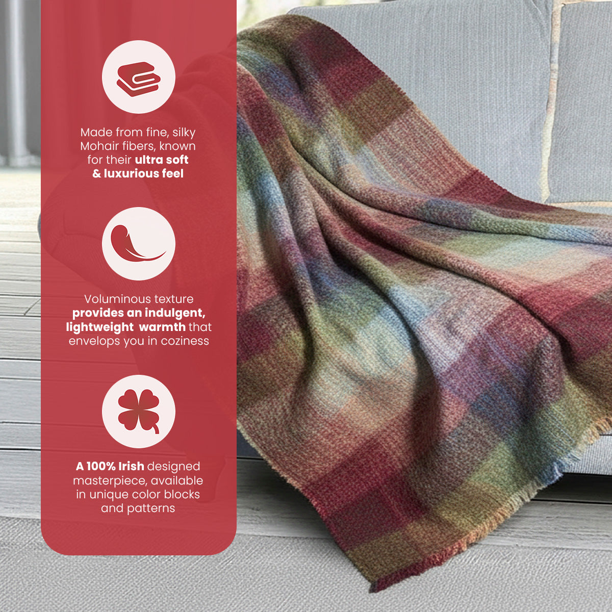 Irish Mohair Throw Blanket – Watercolour Monet Tartan Plaid, 70% Mohair Wool Blend (54" x 72"), Made in Ireland