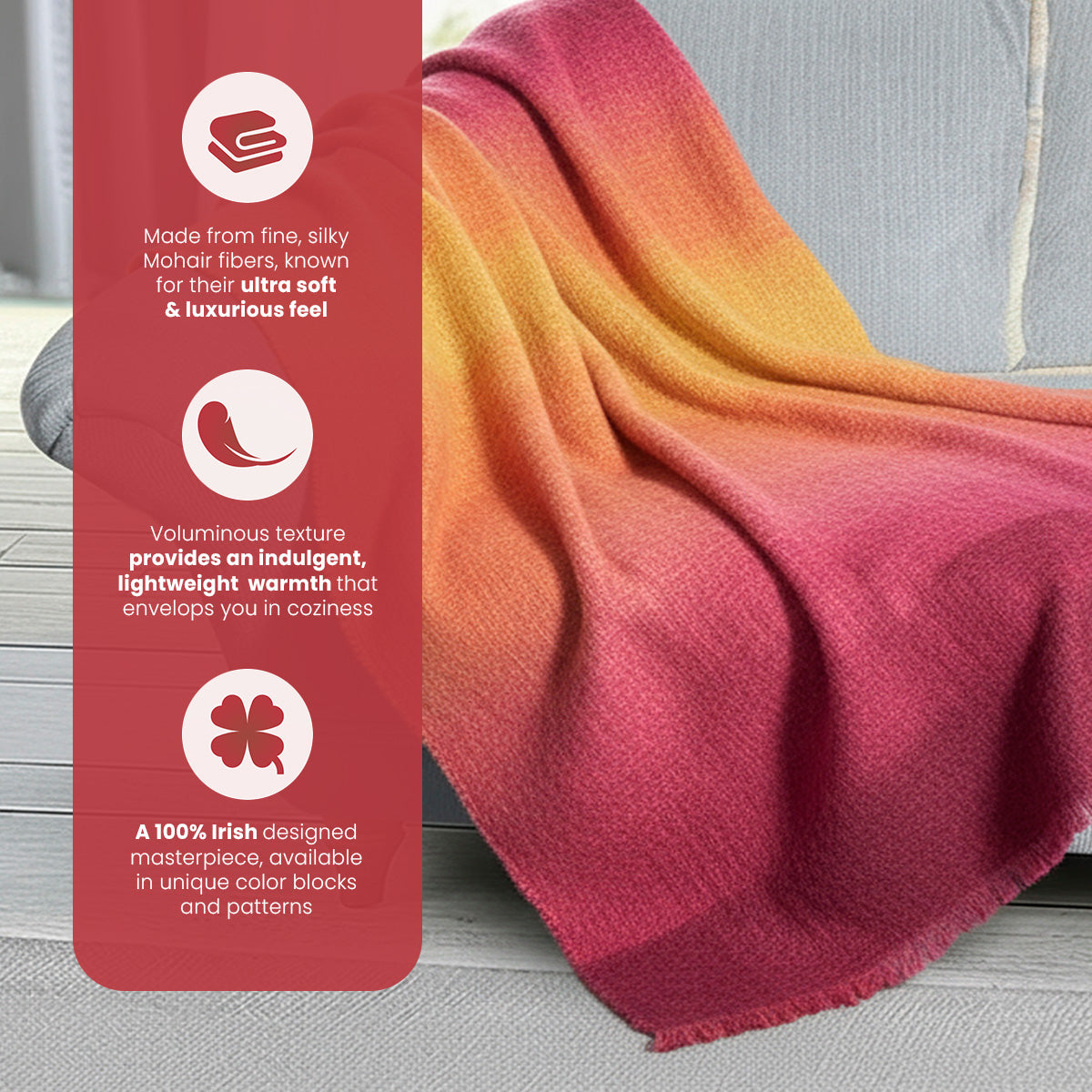 Irish Mohair Throw Blanket – Pink/Yellow/Purple Tartan Plaid, 70% Mohair Wool Blend (54" x 72"), Made in Ireland