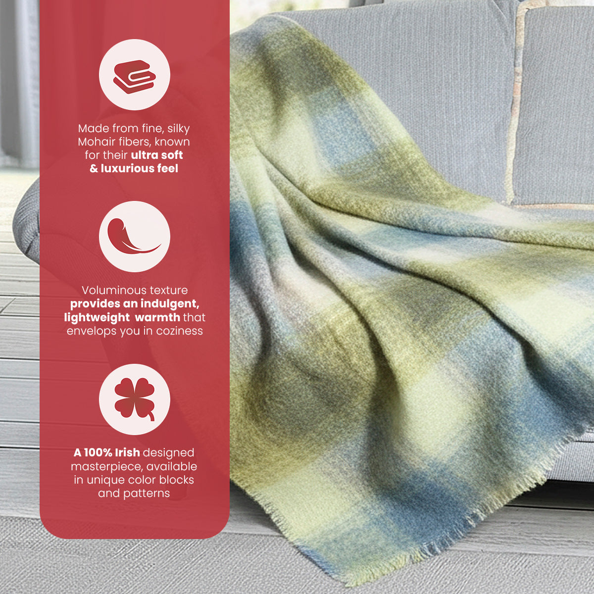 Irish Mohair Throw Blanket – Cream/Pale Blue/Green/Gray Tartan Plaid, 70% Mohair Wool Blend (54" x 72"), Made in Ireland