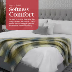 Irish Mohair Throw Blanket – Cream/Pale Blue/Green/Gray Tartan Plaid, 70% Mohair Wool Blend (54