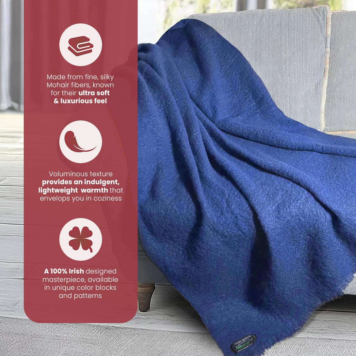 Irish Mohair Throw Blanket – Solid Blue, 70% Mohair Wool Blend (54" x 72"), Made in Ireland