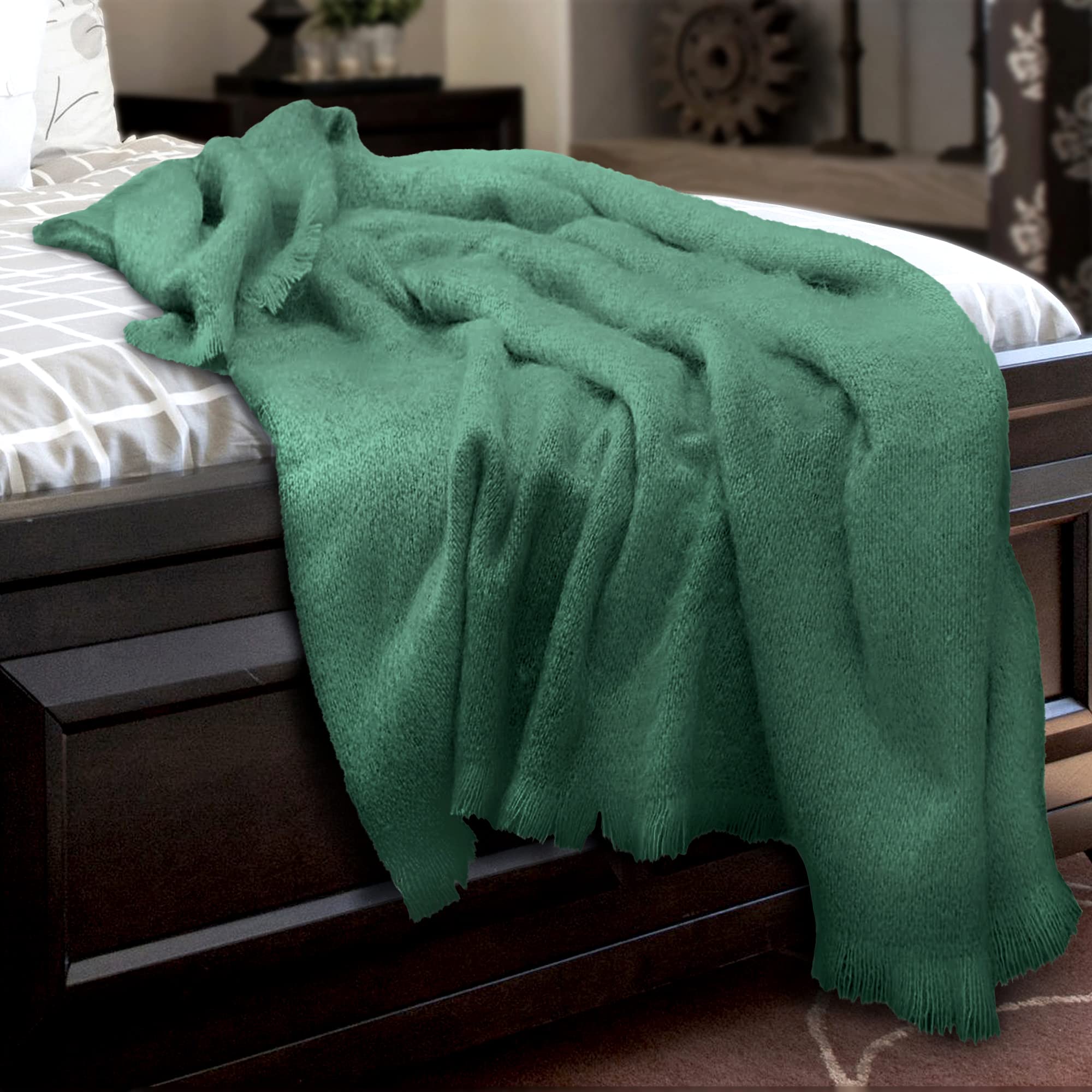 Irish Mohair Throw Blanket – Solid Green, 70% Mohair Wool Blend (54" x 72"), Made in Ireland