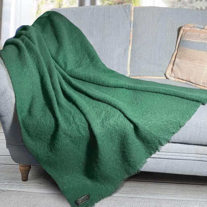 Irish Mohair Throw Blanket – Solid Green, 70% Mohair Wool Blend (54" x 72"), Made in Ireland