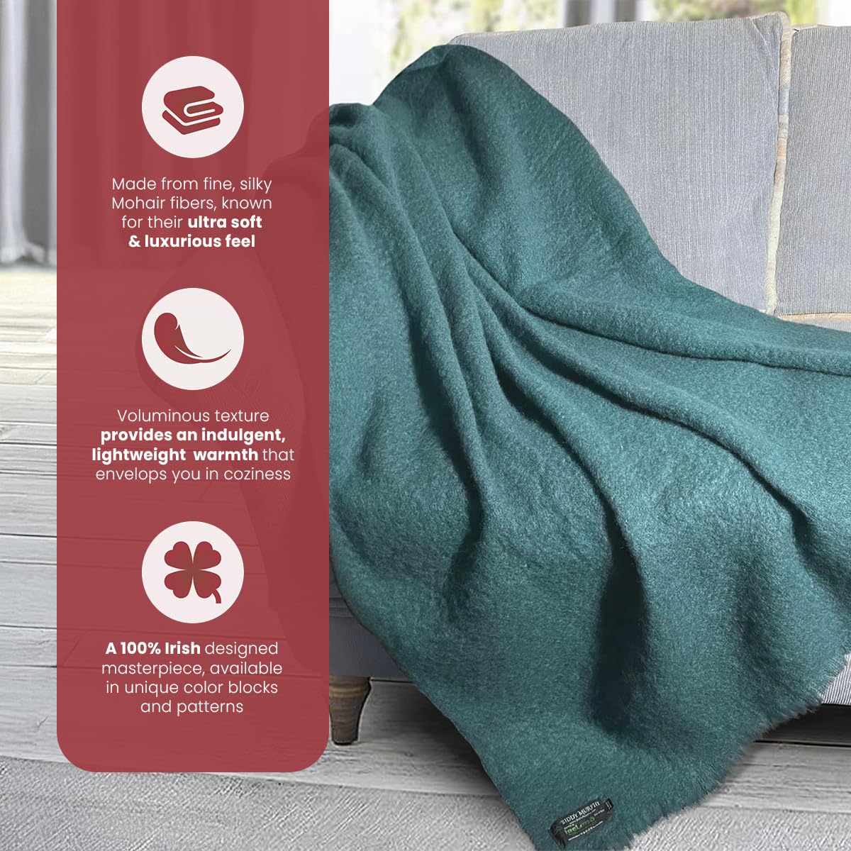 Irish Mohair Throw Blanket – Solid Green, 70% Mohair Wool Blend (54" x 72"), Made in Ireland