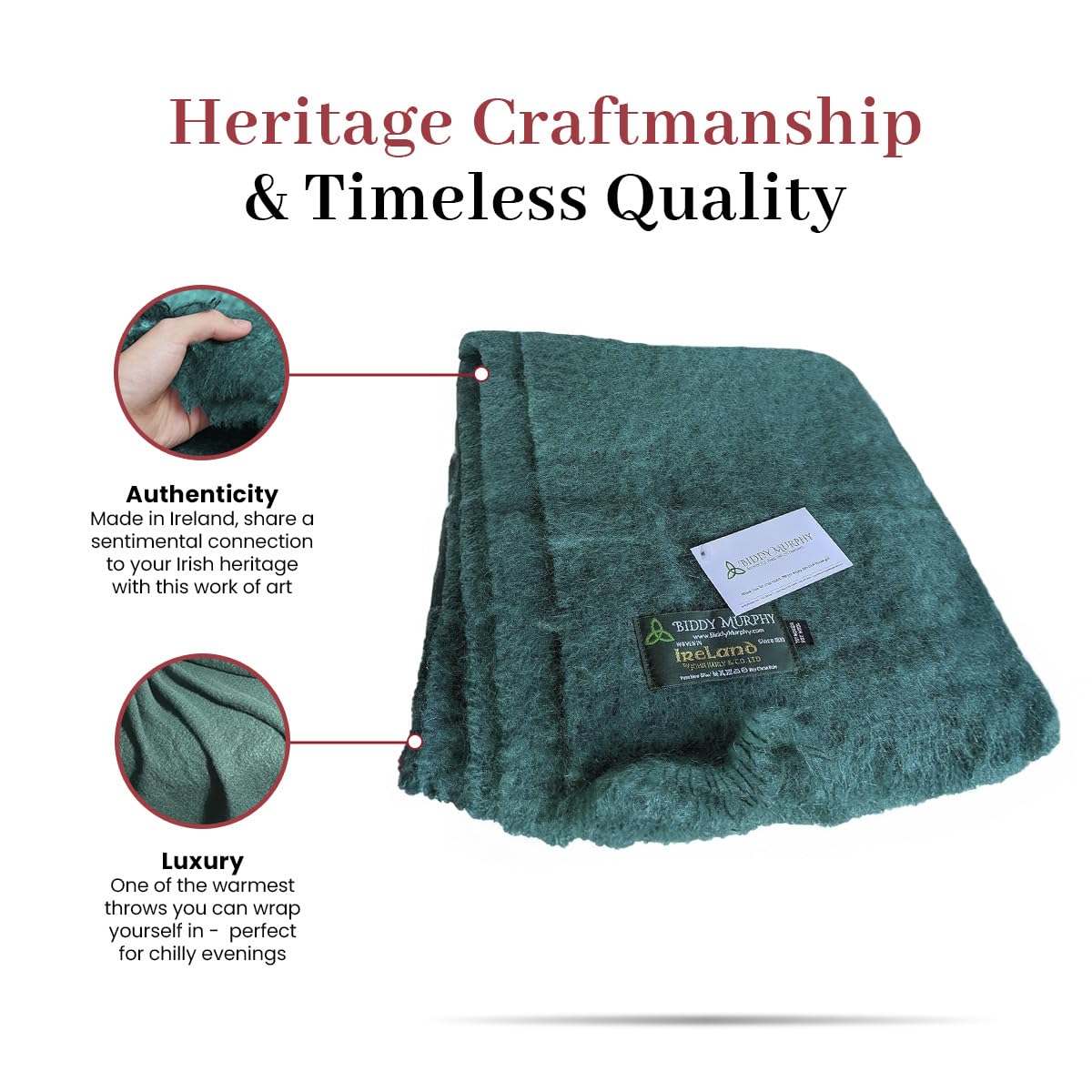 Irish Mohair Throw Blanket – Solid Green, 70% Mohair Wool Blend (54" x 72"), Made in Ireland