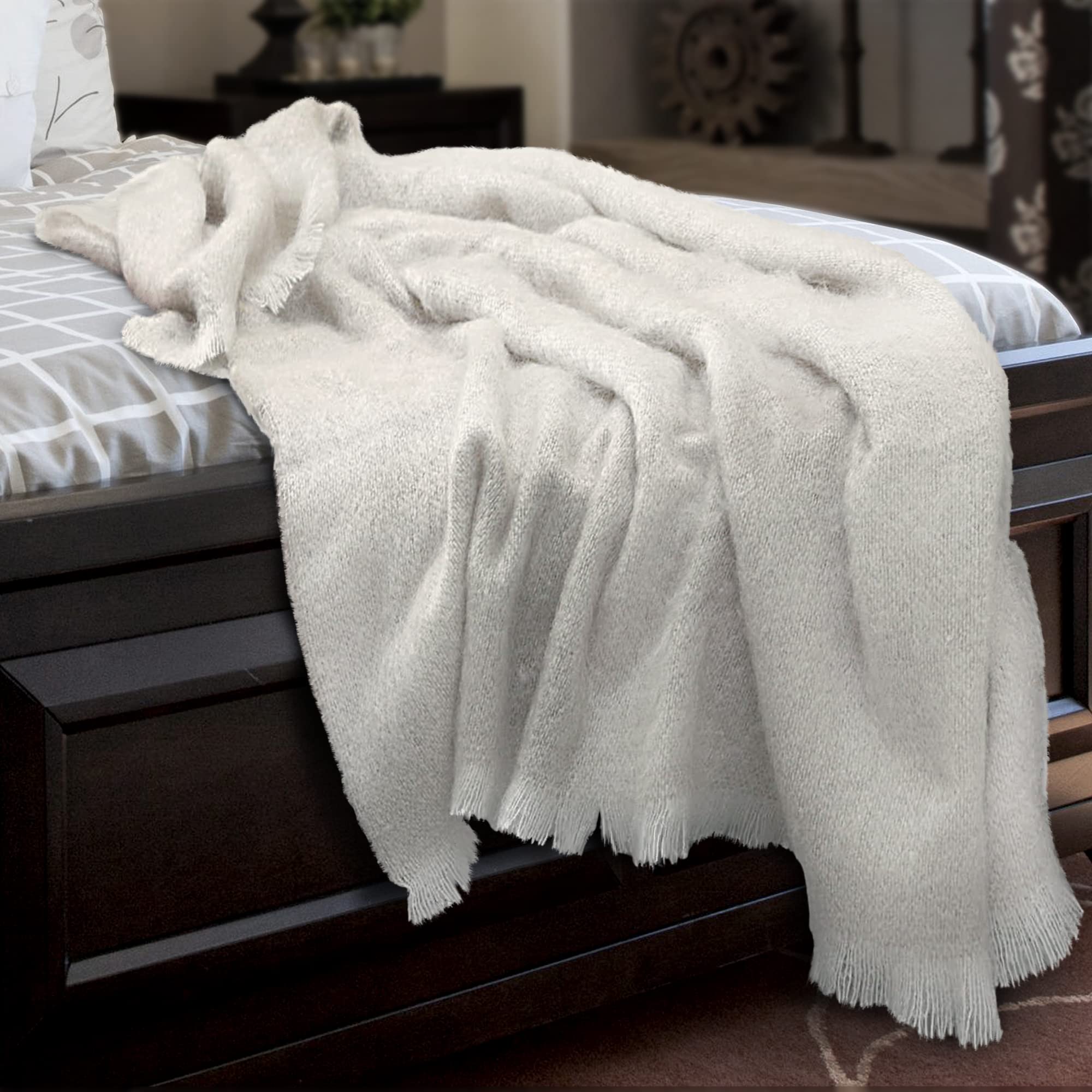 Irish Mohair Throw Blanket – Solid White, 70% Mohair Wool Blend (54" x 72"), Made in Ireland