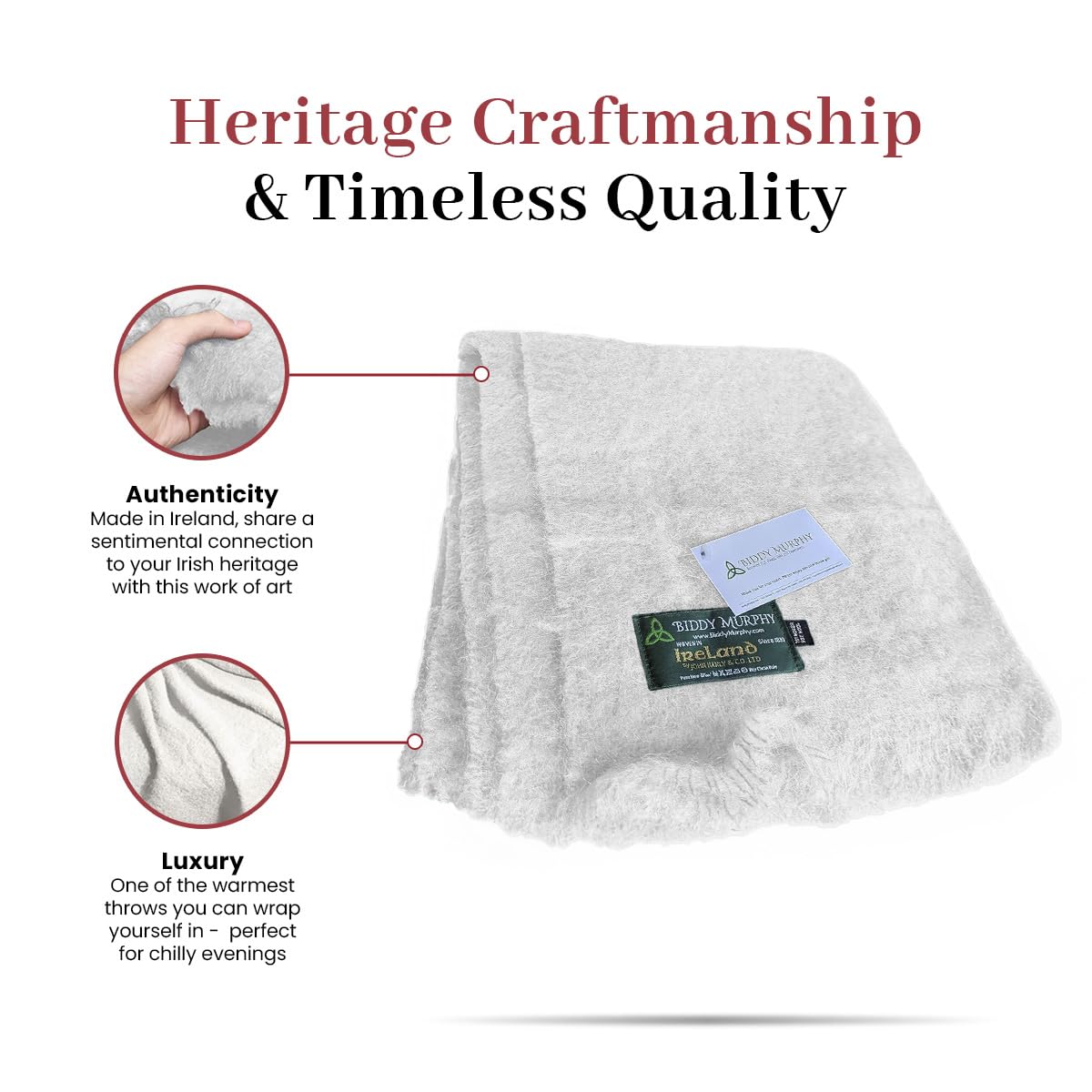 Irish Mohair Throw Blanket – Solid White, 70% Mohair Wool Blend (54" x 72"), Made in Ireland
