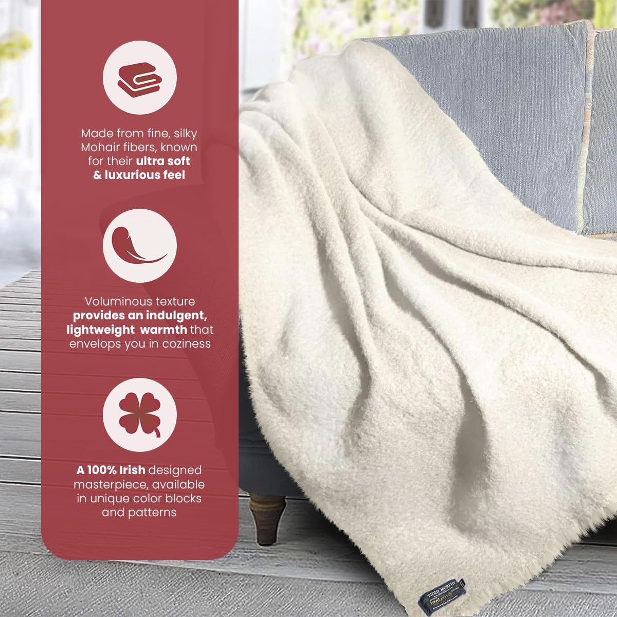 Irish Mohair Throw Blanket – Solid White, 70% Mohair Wool Blend (54" x 72"), Made in Ireland