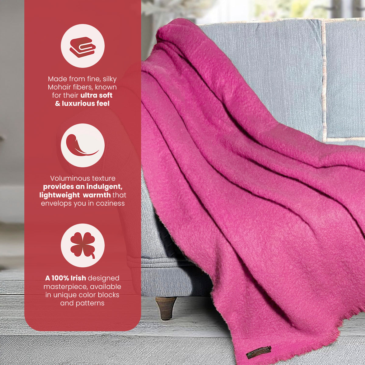 Irish Mohair Throw Blanket – Solid Pink, 70% Mohair Wool Blend (54" x 72"), Made in Ireland