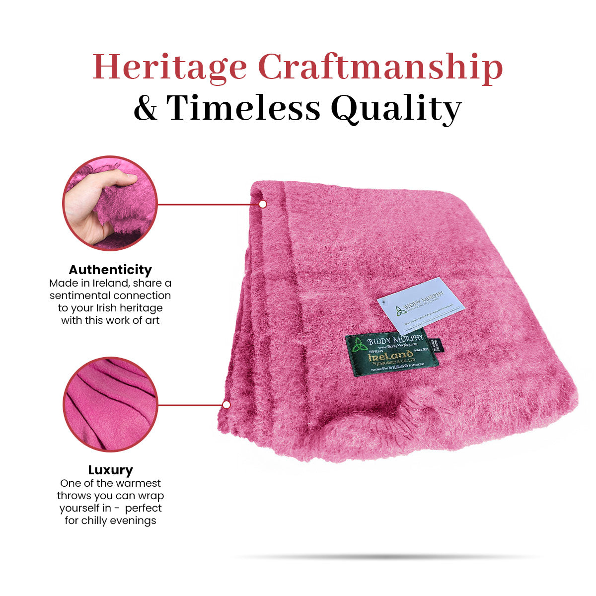 Irish Mohair Throw Blanket – Solid Pink, 70% Mohair Wool Blend (54" x 72"), Made in Ireland