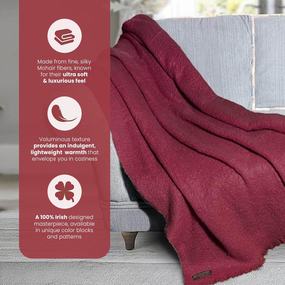 Irish Mohair Throw Blanket – Solid Red, 70% Mohair Wool Blend (54" x 72"), Made in Ireland
