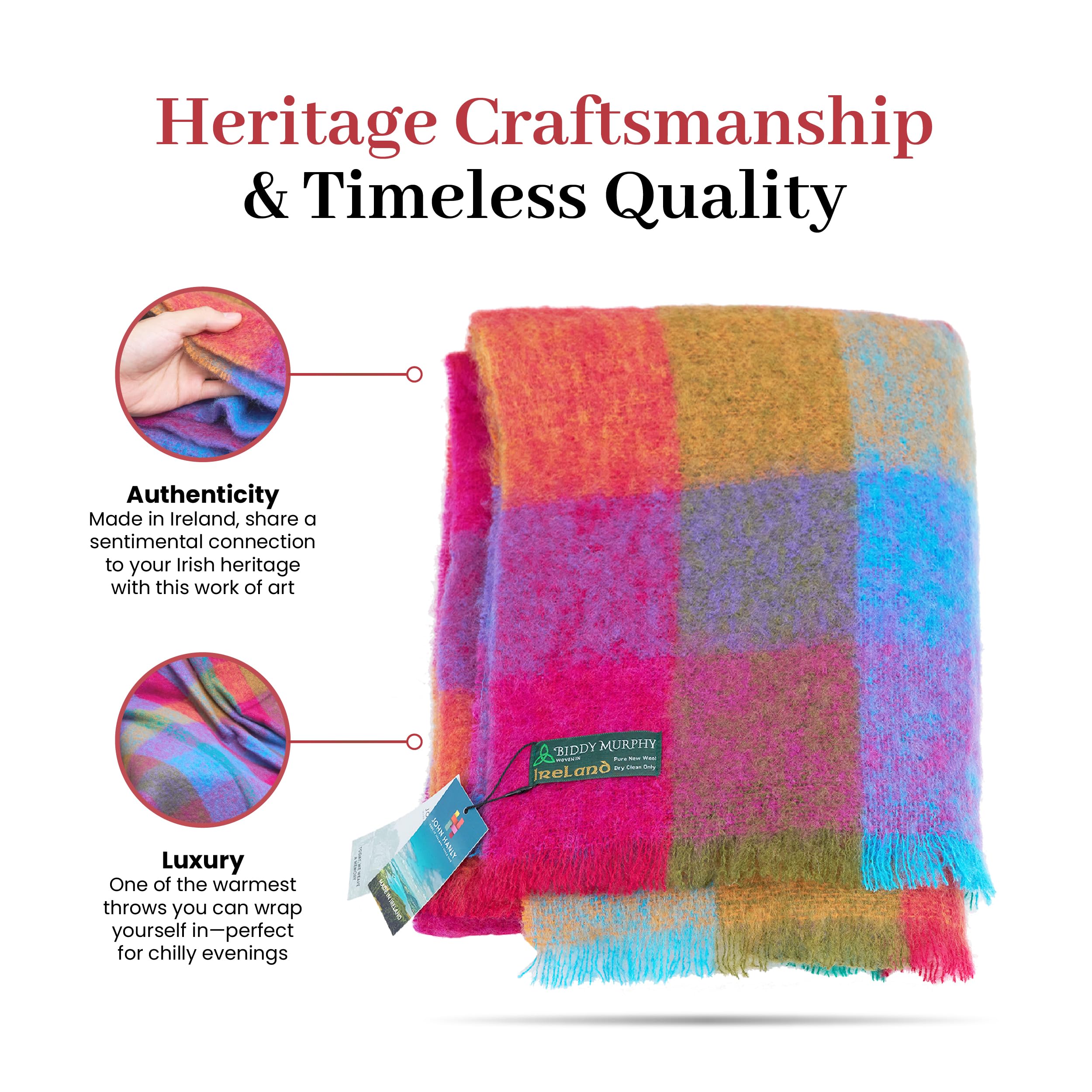 Irish Mohair Throw Blanket – Pink/Mustard/Purple/Aqua Tartan Plaid, 70% Mohair Wool Blend (54" x 72"), Made in Ireland