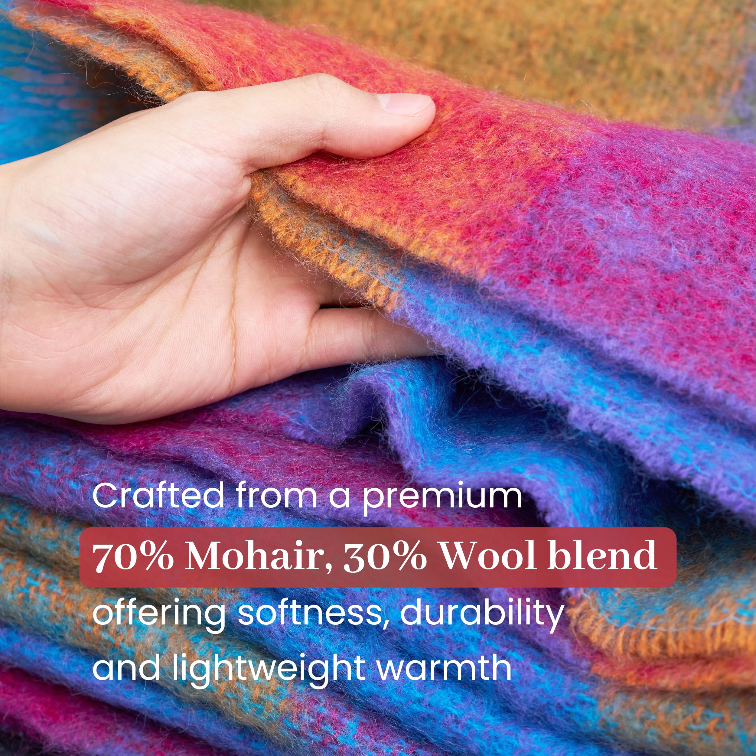 Irish Mohair Throw Blanket – Pink/Mustard/Purple/Aqua Tartan Plaid, 70% Mohair Wool Blend (54" x 72"), Made in Ireland