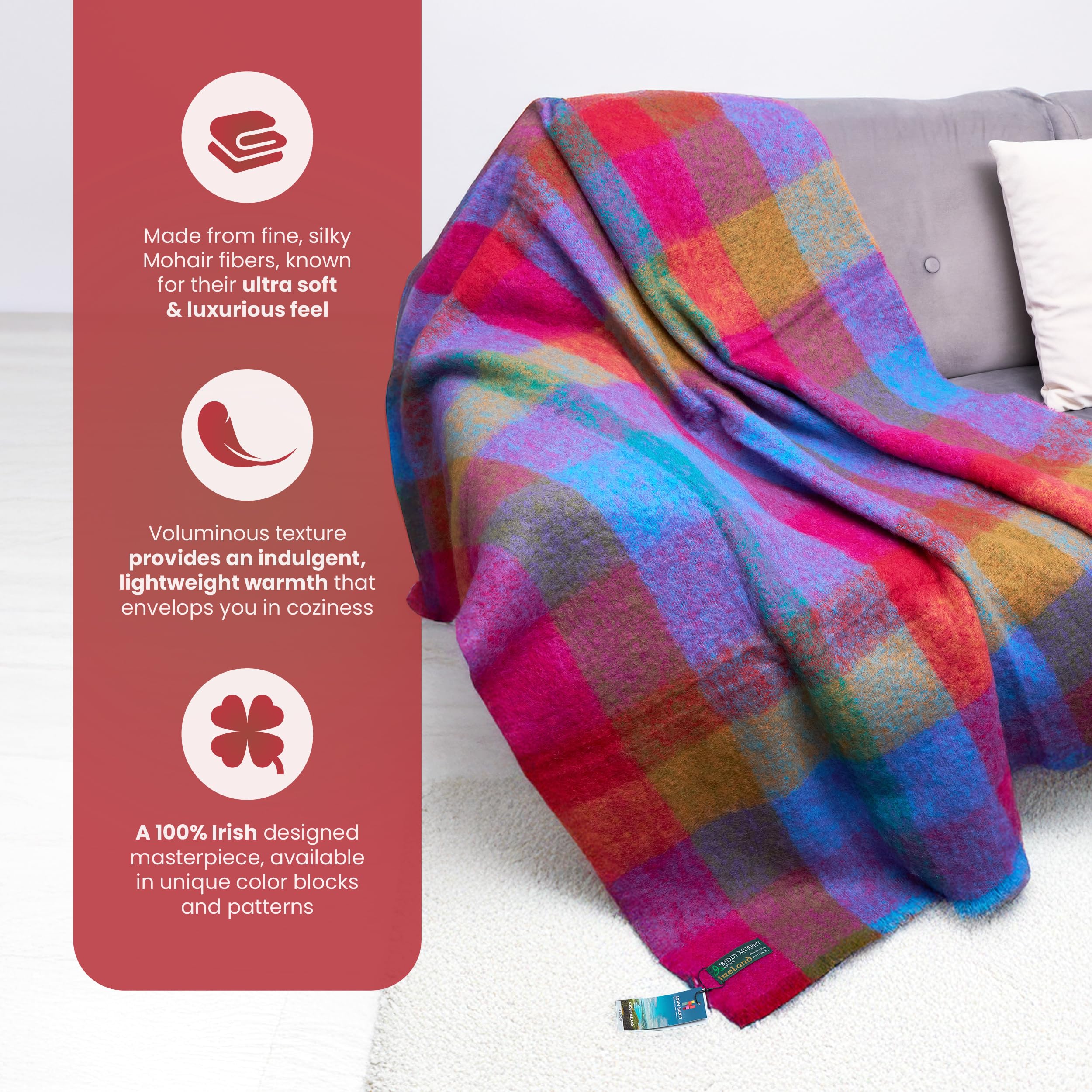 Irish Mohair Throw Blanket – Pink/Mustard/Purple/Aqua Tartan Plaid, 70% Mohair Wool Blend (54" x 72"), Made in Ireland