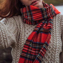 100% Irish Wool Scarf -  Red Royal Stewart Tartan Plaid, 12