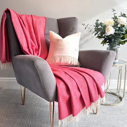 100% Soft Irish Lambswool Throw Toss Blanket, 79" x 57" Fuchsia Pink Herringbone, Made in Ireland